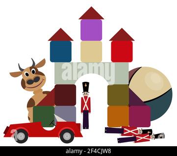Ensemble de jouets pour enfants et pour les membres de l'équipe. Vache, soldat, cubes, pyramide, voitures, bille. Illustration vectorielle Illustration de Vecteur