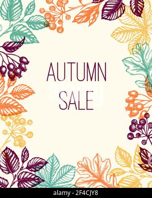 Arrière-plan d'automne avec des feuilles et des baies qui tombent. Cadre fleuri d'automne vintage à motif vectoriel dessiné à la main pour une vente saisonnière. Illustration de Vecteur