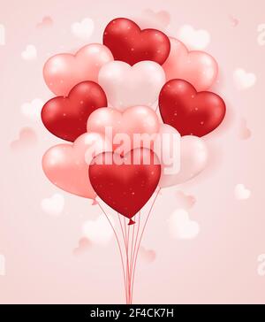 Carte de vœux de Saint-Valentin avec coeurs roses et rouges. Ensemble de ballons en forme de cœur. Illustration de Vecteur