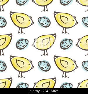 Hand drawn doodle motif transparente de Pâques avec des œufs et du poulet jaune sur un fond blanc. Vector illustration. Illustration de Vecteur