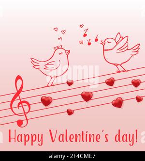 Notes de musique de coeurs rouges et de couple d'oiseaux amoureux sur fond rose. Carte de vœux pour la Saint-Valentin et le jour de la fête. Illustration vectorielle. Illustration de Vecteur