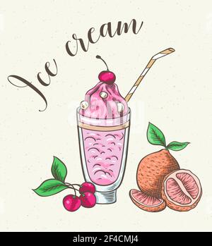 Cocktail avec de la crème glacée, de cerise et d'orange. Hand drawn vector illustration. Illustration de Vecteur