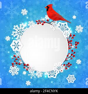Bannière de Noël vectorielle avec flocons de neige en papier blanc et oiseau cardinal rouge sur fond bleu. Carte de vœux du nouvel an. Illustration de Vecteur
