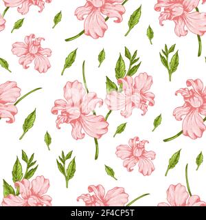 Motif transparent tropical avec des fleurs orchidée rose. Hand drawn vintage vector background. Illustration de Vecteur