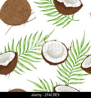 Motif sans couture avec noix de coco et feuilles de palmier vertes sur fond blanc. Illustration vectorielle Illustration de Vecteur