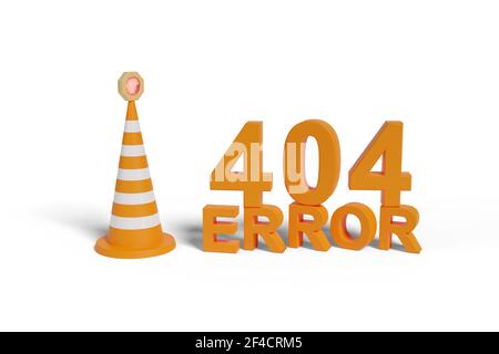 Erreur 404 texte solide à côté d'un cône de sécurité isolé sur fond blanc. illustration 3d. Banque D'Images