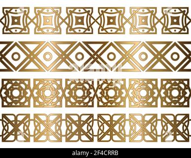 Ensemble de frontières géométriques orientales dorées sans couture. Éléments de conception décoratifs. Illustration vectorielle. Illustration de Vecteur