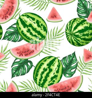 L'été avec motif transparent tropical pastèque juteux doux et de feuilles de palmier sur un fond blanc. Vector illustration Illustration de Vecteur