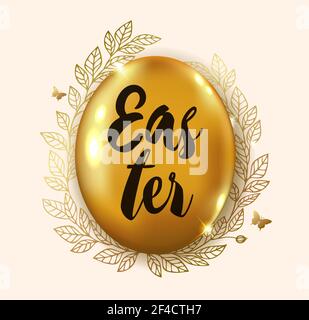 Œuf de Pâques étincelant doré et couronne décorative de feuilles. Carte de vœux de Pâques. Illustration vectorielle. Illustration de Vecteur
