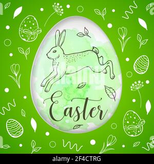 Découpe décorative en papier carte de Pâques avec lapin sur fond vert aquarelle. Illustration vectorielle. Illustration de Vecteur