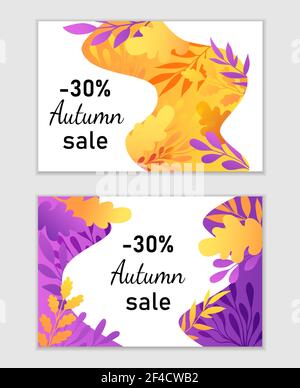 Fonds d'automne abstraits pour les soldes saisonniers. Étiquettes automnale orange et violette avec branches décoratives et feuilles de chêne. Illustration vectorielle Illustration de Vecteur