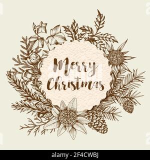 Carte de vœux de Noël vintage avec plantes vertes et fleurs. Arrière-plan de décoration pour Noël et nouvel an. Hand drawn vector illustration. Illustration de Vecteur
