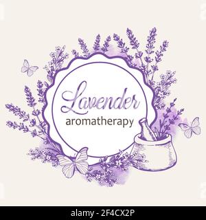 Cadre floral rond vintage avec fleurs de lavande et papillons. Produits de spa et d'aromathérapie. Arrière-plan vectoriel tracé à la main. Illustration de Vecteur