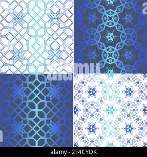 Ensemble de motifs géométriques traditionnels orientaux sans couture. Arrière-plans bleus décoratifs. Illustration vectorielle. Illustration de Vecteur