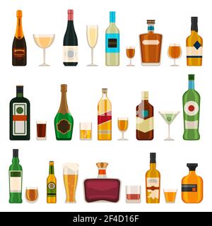 Bouteilles et verres alcoolisés. Cocktail alcoolisé, champagne, bière, brandy et martini, gin et cognac. Jeu d'icônes vectorielles plates du menu barre. Illustration whi Illustration de Vecteur