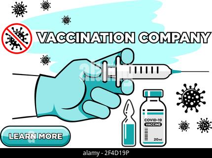 Page d'accueil du site de vaccination contre le coronavirus. Préparations médicamenteuses, vaccin, main médicale avec seringue avec aiguille sur fond transparent. Vecteur Illustration de Vecteur