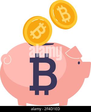 Remplissage de la tirelire avec des pièces de monnaie en bitcoin. Système d'accumulation de crypto-monnaies. Illustration vectorielle de la monnaie numérique dans un style plat Illustration de Vecteur