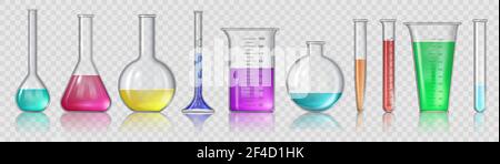Bécher avec produits chimiques. Equipement de laboratoire en verre 3D réaliste, tubes à essai et flacons. Verrerie de laboratoire pour l'étude des vecteurs médicaux ou scientifiques. Mesurer l Illustration de Vecteur