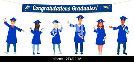 Groupe d'étudiants portant une robe académique, titulaire d'un diplôme. Garçons et filles célébrant la remise des diplômes universitaires, fouetter des Distans. Classe 2021 Illustration de Vecteur