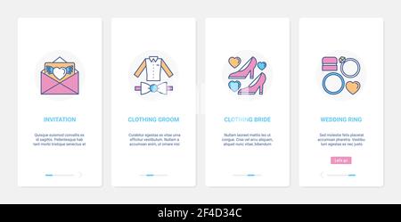 Décoration de mariage, costumes et anneaux pour mariée et marié UI, UX mobile app page écran set Illustration de Vecteur