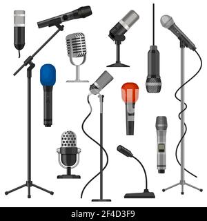 Microphones sur pieds. Micro chanteur avec fil pour des performances sur scène. Équipement d'enregistrement audio pour studio de musique. Ensemble vectoriel de microphone de radio de dessin animé. Illustrat Illustration de Vecteur