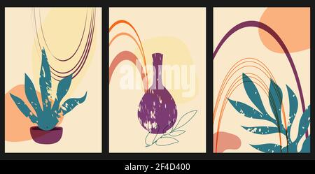Ensemble d'affiches murales, composition abstraite minimaliste dessinée à la main, style boho contemporain, vase, plantes, formes abstraites Illustration de Vecteur