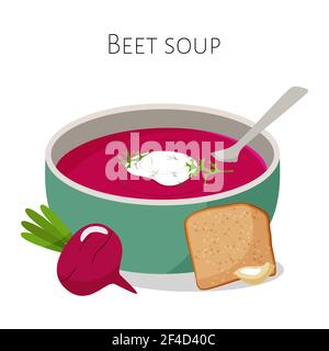 Soupe de betteraves rustiques, pain et ail. Repas sain. Illustration de Vecteur