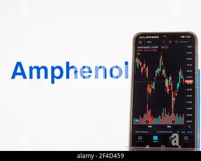 Ukraine. 20 mars 2021. Dans cette illustration, les informations boursières d'Amphenol Corporation affichées sur un smartphone avec le logo d'Amphenol Corporation en arrière-plan. (Photo par Igor Golovniov/SOPA Images/Sipa USA) crédit: SIPA USA/Alay Live News Banque D'Images