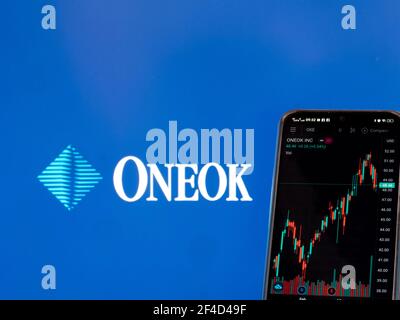Ukraine. 20 mars 2021. Dans cette illustration, les informations boursières de Oneok Inc. Affichées sur un smartphone avec le logo Oneok Inc. En arrière-plan. (Photo par Igor Golovniov/SOPA Images/Sipa USA) crédit: SIPA USA/Alay Live News Banque D'Images