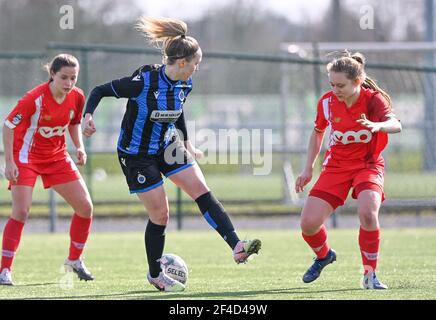 Sint Andries, Belgique. 20 mars 2021. Pistolets Celien (10) du Club Brugge photographiés avec Gwyneth Vanaenrode (3) de Standard lors d'un match de football féminin entre le Club Brugge Dames YLA et la Standard Femina de Liège le 17 ème jour de match de la saison 2020 - 2021 de la Super League belge Scooore Womens, samedi 20 mars 2021 à Bruges, Belgique . PHOTO SPORTPIX.BE | SPP | DAVID CATRY Credit: SPP Sport Press photo. /Alamy Live News Banque D'Images