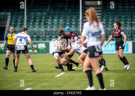 Londres, Royaume-Uni. 20 mars 2021. Emma Taylor de Saracens femmes affrontes lors du match des femmes femmes de l'Allianz Premier 15s de Womens entre les femmes de Saracens et les femmes d'Exeter Chiefs au stade de Stonex, Londres, Angleterre, le 20 mars 2021. Photo de Phil Hutchinson. Utilisation éditoriale uniquement, licence requise pour une utilisation commerciale. Aucune utilisation dans les Paris, les jeux ou les publications d'un seul club/ligue/joueur. Crédit : UK Sports pics Ltd/Alay Live News Banque D'Images