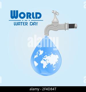 Journée mondiale de l'eau. Robinet d'eau avec globe terrestre à l'intérieur de la goutte d'eau sur fond bleu. Bannière ou affiche pour la campagne économiser de l'eau. Illustration vectorielle Illustration de Vecteur