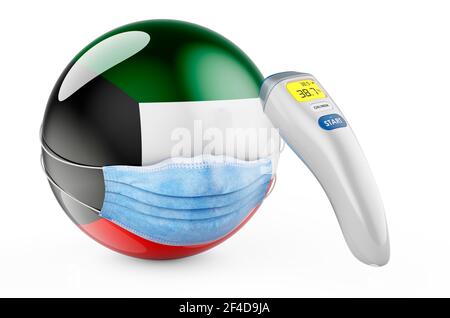 Drapeau koweïtien avec masque médical et thermomètre électronique infrarouge. Pandémie au Koweït concept, rendu 3D isolé sur fond blanc Banque D'Images
