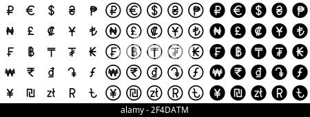 Signes monétaires de différents pays. Ensemble de symboles monétaires noirs. Illustration vectorielle. Illustration de Vecteur