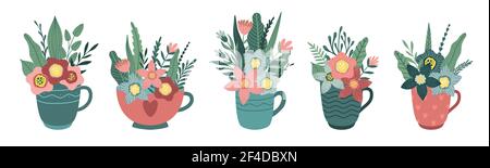 Ensemble de bouquets en mugs. Illustration vectorielle sur fond blanc. Illustration de Vecteur