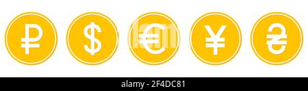 Signes monétaires de différents pays. Jeu de pièces de monnaie dorées. Pièces de monnaie mondiale. Illustration vectorielle. Illustration de Vecteur