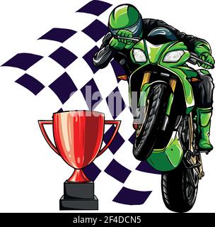 Coureurs sur moto sportive avec coupe et drapeau de course Illustration de Vecteur