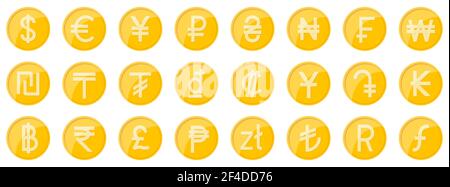 Signes monétaires de différents pays. Jeu de pièces de monnaie dorées. Pièces de monnaie mondiale. Illustration vectorielle. Illustration de Vecteur