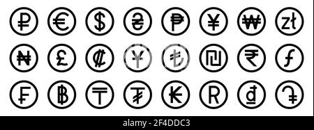 Signes monétaires de différents pays. Ensemble de symboles monétaires noirs. Illustration vectorielle. Illustration de Vecteur