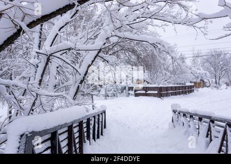 Pont couvert de neige après une violente tempête d'hiver à Boulder, Colorado Banque D'Images
