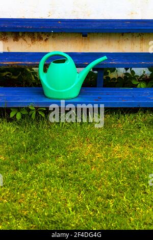Arrosoir vert sur marches bleues dans un jardin Banque D'Images
