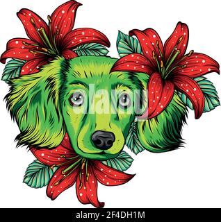 Portrait d'un chien d'Espagne dans une couronne à tête de fleur. Illustration vectorielle. Illustration de Vecteur