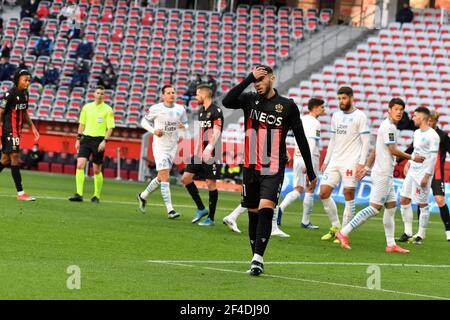 Nice, France. 20 mars 2021. Amine Gouiri pendant le match Nice contre Marseille à la Ligue 1 Uber Eats le 20 mars 2021 à Nice, France. (Photo de Lionel Urman/Sipa USA) crédit: SIPA USA/Alay Live News Banque D'Images