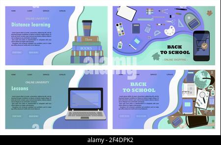 Un ensemble de sites Internet vectoriels pour l'apprentissage à distance, l'éducation en ligne et le travail. Illustration plate de la page principale de l'application mobile avec une pile de Illustration de Vecteur