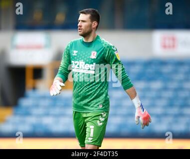 LONDRES, Royaume-Uni, MARS 20: Marcus Bettinelli de Middlesbrough (en prêt de Fulham) pendant le championnat Sky Bet entre Millwall et Middlesbrough au Den Stadium, Londres le 20 Mars 2021 crédit: Action Foto Sport/Alay Live News Banque D'Images