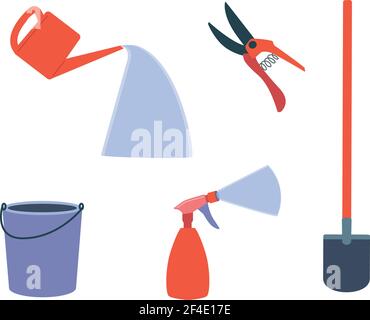 Ensemble vectoriel d'outils de jardin. Pelle, seau, arrosoir, pulvérisateur, eau, sécateurs. Couleur orange et bleue isolée sur un fond blanc. Illustration de Vecteur