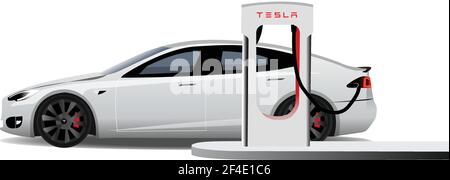 Voiture électrique Tesla avec station de charge. Illustration vectorielle EPS 10 Illustration de Vecteur
