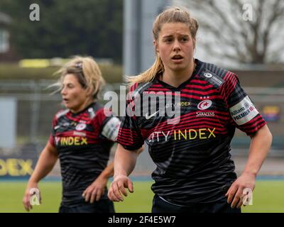 Londres, Royaume-Uni. 20 mars 2021. Sophie de Goede (#8 Saracens Women) lors du match Allianz Premier 15s entre Saracens Women et Exeter Chiefs Women au stade StoneX à Londres, en Angleterre. Crédit: SPP Sport presse photo. /Alamy Live News Banque D'Images