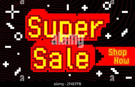 Super sale - modèle de bannière Vector. Offre spéciale bannière de réduction, pixel art pour la publicité. Illustration de Vecteur