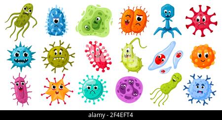 Microbes et virus de dessin animé. Germes personnages avec visages drôles, bactéries et virus de la maladie mascottes. Jeu d'illustrations vectorielles de micro-organismes pathogènes. Illustration de Vecteur